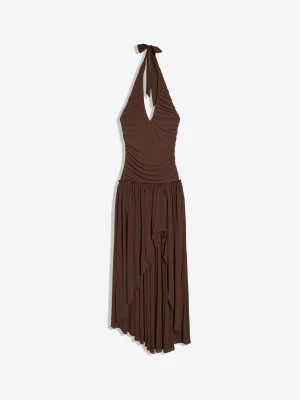 Bershka Asymetryczna Długa Sukienka Z Dekoltem Typu Halter Kobieta Brązowy