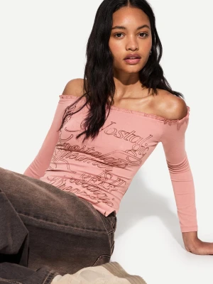 Bershka Long Sleeve Asymmetric T-Shirt Kobieta Pink