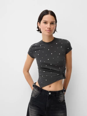 Zdjęcie produktu Bershka Asymetryczna Koszulka Z Krótkim Rękawem Z Ćwiekami Kobieta Szary