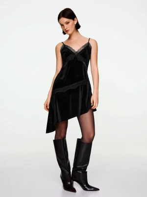 Bershka Asymetryczna Mini Sukienka Z Aksamitu I Koronki Kobieta Czarny