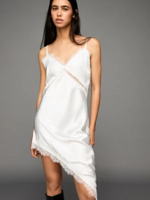 Bershka Asymetryczna Satynowa Sukienka Na Ramiączkach Z Koronką Kobieta Kremowy