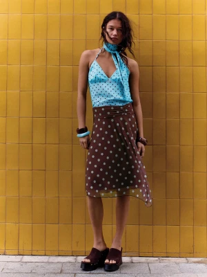 Bershka Asymetryczna Spódnica Midi W Kropki Kobieta Brązowy