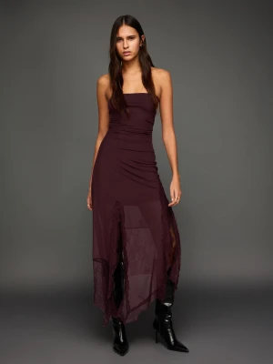 Bershka Asymetryczna Sukienka Midi Bandeau Z Tiulu I Koronki Kobieta Bordowy