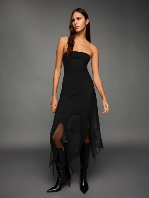 Bershka Asymetryczna Sukienka Midi Bandeau Z Tiulu I Koronki Kobieta Czarny