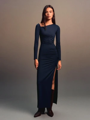 Bershka Asymetryczna Sukienka Midi Z Długim Rękawem Kobieta Granatowy