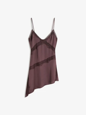 Bershka Asymetryczna Sukienka Mini Z Satyny I Koronki Kobieta Brązowy