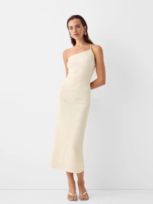 Bershka Asymetryczna Sukienka Średniej Długości Z Waflowym Splotem Kobieta Beżowy