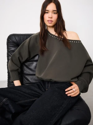 Bershka Asymetryczny Sweter Dresowy Z Ćwiekami Kobieta Khaki