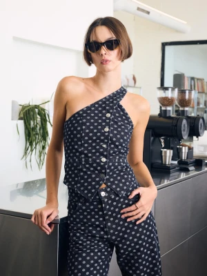 Bershka Asymetryczny Top Jeansowy W Kropki Kobieta Granatowy