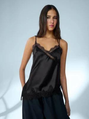 Bershka Asymetryczny Top Na Ramiączkach Z Satyny I Koronki Kobieta Czarny