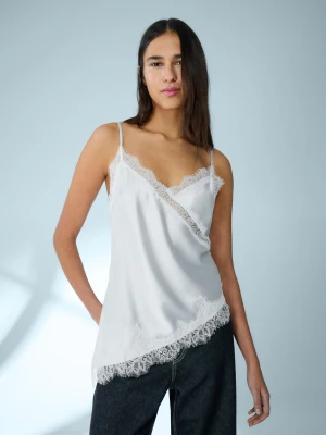 Bershka Asymetryczny Top Na Ramiączkach Z Satyny I Koronki Kobieta Jasnoniebieski