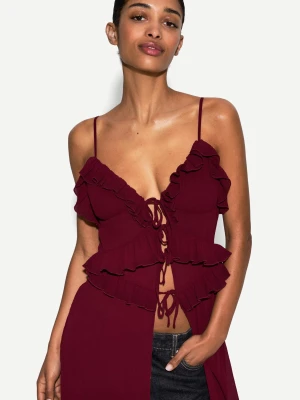Bershka Bardzo Długi Top Z Fakturą I Guzikami Kobieta Rubinowy