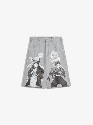 Bershka Bermudy Demon Slayer O Kroju Baggy Z Nadrukiem Mężczyzna Szary