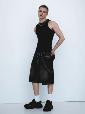 Bershka Bermudy Denim O Kroju Baggy Z Guzikami Z Pętelkami Mężczyzna Czarny