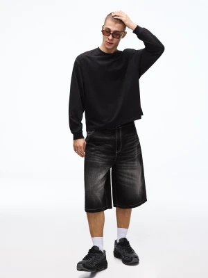 Bershka Bermudy Jeansowe Skater Mężczyzna Czarny