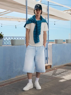 Bershka Bermudy Jeansowe Skater Mężczyzna Jasnoniebieski
