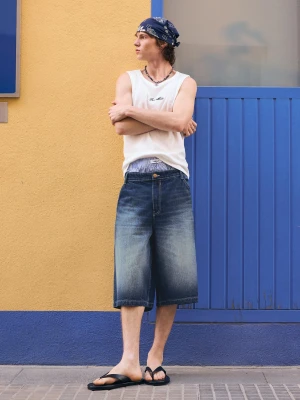 Bershka Bermudy Jeansowe Skater Mężczyzna Niebieski