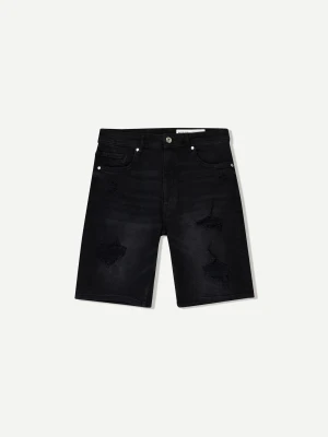 Bershka Bermudy Jeansowe Z Przetarciami Mężczyzna Czarny