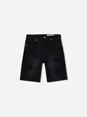 Bershka Bermudy Jeansowe Z Przetarciami Mężczyzna Czarny