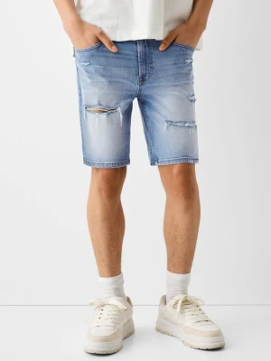 Bershka Bermudy Jeansowe Z Przetarciami Mężczyzna Wyblakły Niebieski