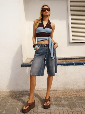 Bershka Bermudy Z Denimu O Kroju Baggy Kobieta Niebieski