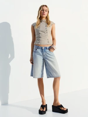 Bershka Bermudy Z Denimu O Kroju Baggy Kobieta Wyblakły Niebieski
