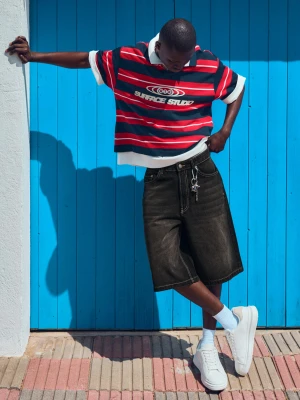 Bershka Bermudy Z Denimu O Kroju Baggy Mężczyzna Czarny