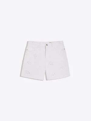 Bershka Bermudy Z Denimu O Kroju Baggy Z Haftami Kobieta Kremowy