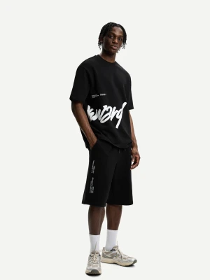 Bershka Bermudy Z Dzianiny Dresowej Z Nadrukiem Mężczyzna Czarny