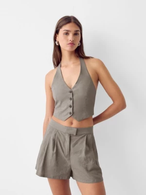 Bershka Bermudy Z Lnem I Zakładkami Kobieta Khaki