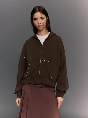Bershka Bluza Z Kapturem, Suwakiem I Ćwiekami Kobieta Brązowy