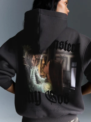 Bershka Bluza Frankenstein Z Kapturem I Nadrukiem Kobieta Ciemnoszary