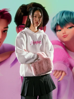 Bershka Bluza Kpop Demon Hunters Huntr/X Z Kapturem Z Nadrukiem Kobieta Kremowy