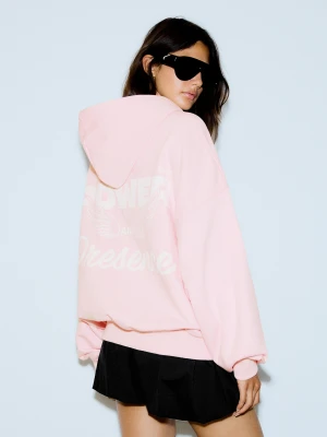 Bershka Bluza Oversize Z Kapturem I Nadrukiem Kobieta Różowy
