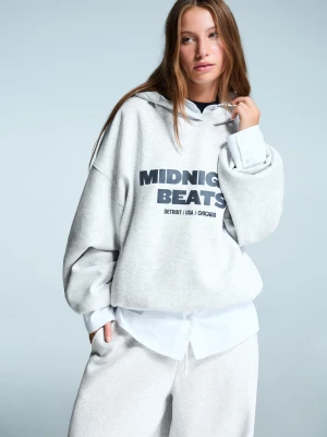Bershka Bluza Oversize Z Kapturem I Nadrukiem Kobieta Szary