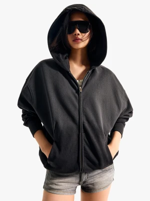 Bershka Bluza Oversize Z Kapturem I Suwakiem Kobieta Ciemnoszary