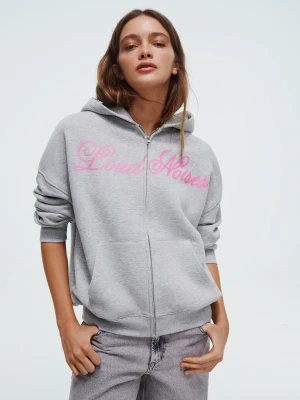 Bershka Bluza Oversize Z Kapturem Na Suwak Z Nadrukiem Kobieta Szary