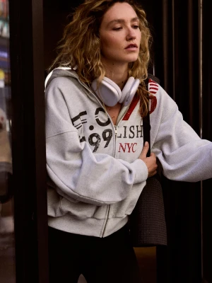 Bershka Bluza Oversize Z Kapturem, Suwakiem I Nadrukiem Kobieta Mieszanka Szarości