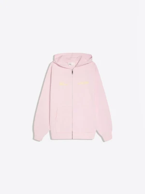Bershka Bluza Oversize Z Kapturem, Suwakiem I Nadrukiem Kobieta Różowy