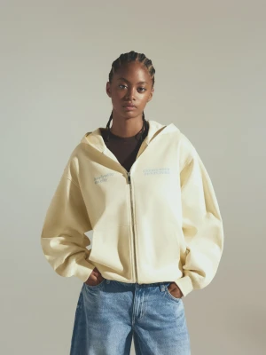 Bershka Bluza Oversize Z Kapturem, Suwakiem I Nadrukiem Kobieta Żółty