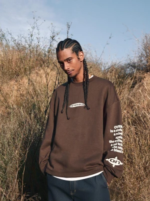 Bershka Bluza Oversize Z Nadrukiem Mężczyzna Brązowy