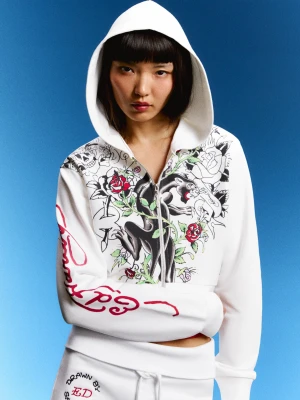 Bershka Bluza Z Kapturem I Nadrukiem Ed Hardy X Bershka Kobieta Biały Złamany