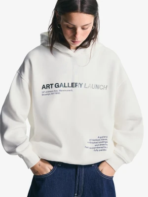 Bershka Bluza Z Kapturem I Nadrukiem Kobieta Biały Złamany