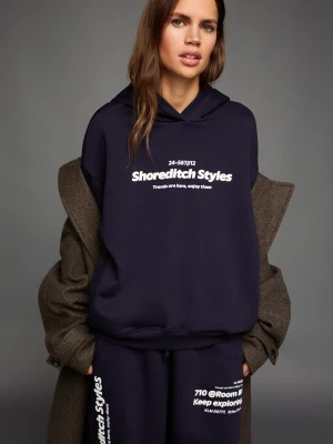 Bershka Bluza Z Kapturem I Nadrukiem Kobieta Granatowy