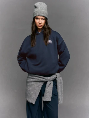 Bershka Bluza Z Kapturem I Nadrukiem Kobieta Granatowy
