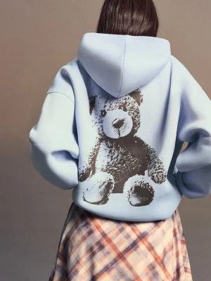 Bershka Bluza Z Kapturem I Nadrukiem Kobieta Jasnoniebieski