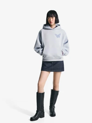 Bershka Bluza Z Kapturem I Nadrukiem Kobieta Jasnoniebieski