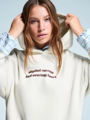 Bershka Bluza Z Kapturem I Nadrukiem Kobieta Kremowy