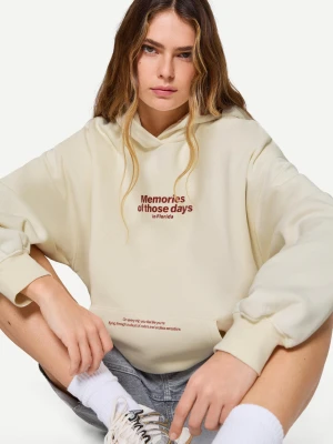 Bershka Bluza Z Kapturem I Nadrukiem Kobieta Kremowy