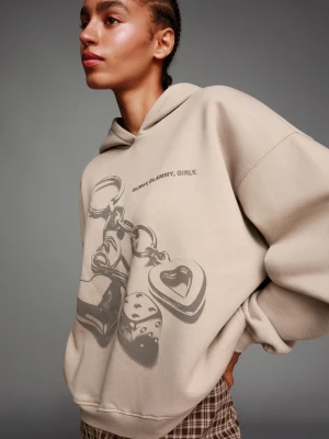 Bershka Bluza Z Kapturem I Nadrukiem Kobieta Szary